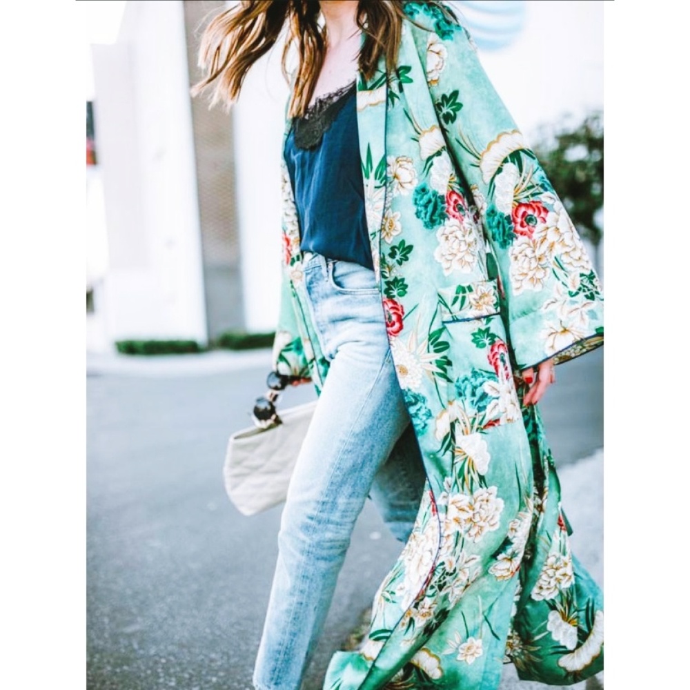 Zara Green Printed Floral Kimono